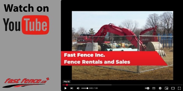 YouTube thumbnail: construction site with a red excavator behind a chain-link fence and a red banner reading 'Fast Fence Inc. Fence Rentals and Sales'.
